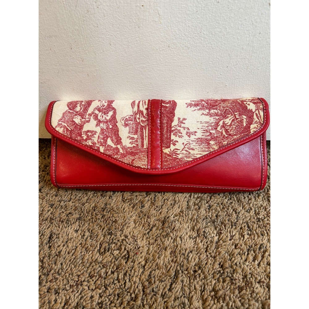 Vintage Neal Decker Red Toile Print Leather Envelope Clutch Bag Purple Lining